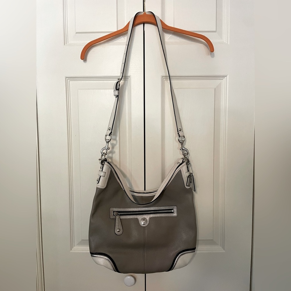 Coach Grey, White, and Metallic Silver Leather Crossbody Bag